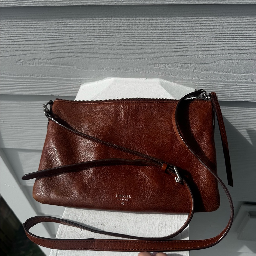 Fossil Brown Leather Shoulder Bag purse with removable woven strap - Picture 4 of 10